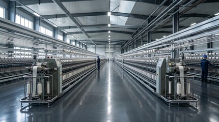 Obraz premium Modern textile factory with automated spinning machines producing threads. Clean, high-tech industrial environment showcasing efficient large-scale manufacturing