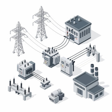 Electrical power grid infrastructure with substations and transmission towers.