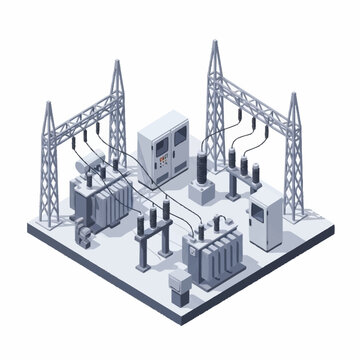 Electrical substation with transformers and power lines isometric view.