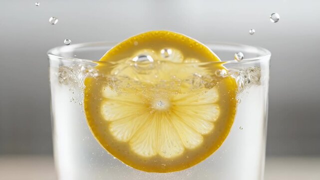 Fresh lemon slice splashing into sparkling water, citrus fruit dropping in clear glass of soda, refreshing cold summer drink with water droplets