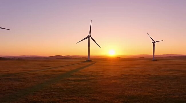 Renewable energy wind turbines at sunset, sustainable wind farm in golden hour light, clean green power generators in rural landscape