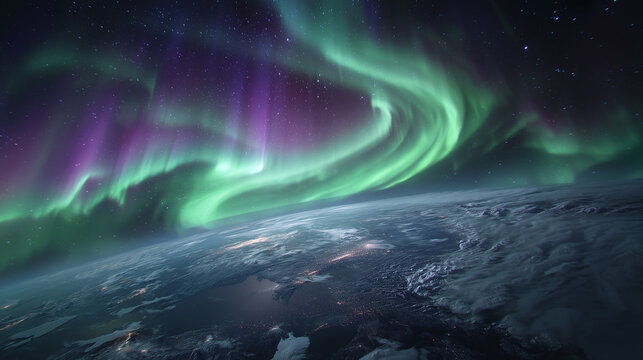 Aurora Borealis Swirling Above Earth Atmosphere From Orbit