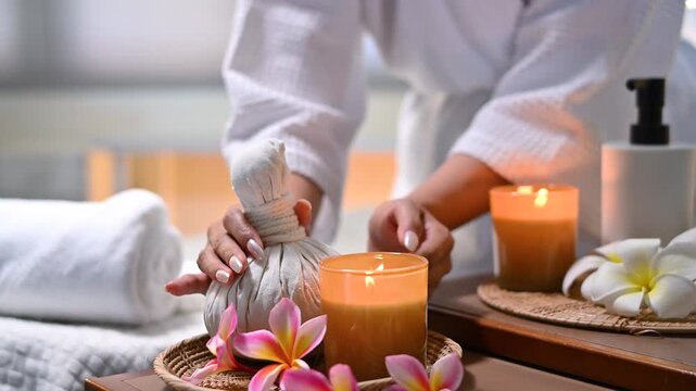 Close up of woman hands holding herbal compress ball with candles and flowers in spa setting.