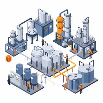 Industrial chemical processing plant isometric view.