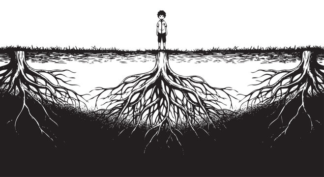 Boy standing on soil with exposed roots