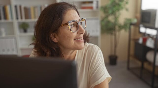 Woman with tortoiseshell glasses smiles toward a computer monitor while seated at a desk in an office building with bookshelves and plant visible; contentment focus.