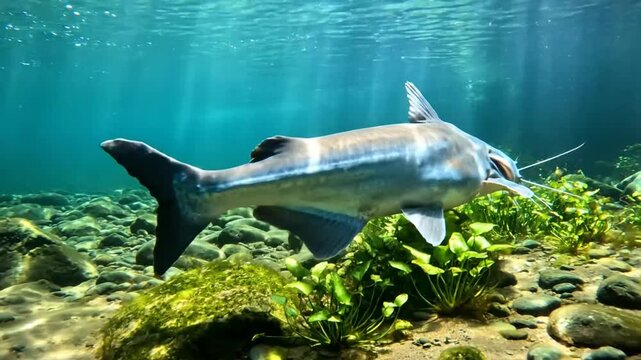 Graceful catfish swimming underwater in a bright freshwater environment near plants and rocks