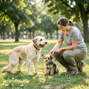 Woman walking two dogs of different sizes in a sunny park. Concept of responsible pet ownership, training