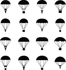 Black and White Parachute Icons with Skydivers © Rajna