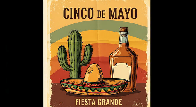 Cinco de Mayo Vintage Poster with Sombrero Cactus and Tequila Bottle Mexican Fiesta Design