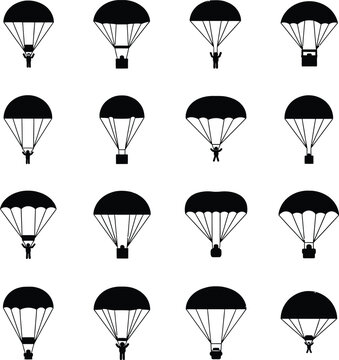 Black and White Parachute Icons with Skydivers
