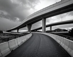 Naklejka premium Highway curves and overpasses create a complex road network under a cloudy sky in the early evening