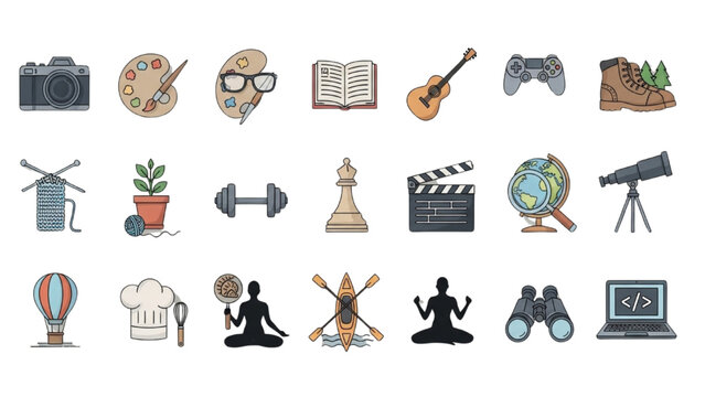 Array of Hobbies: A vibrant collection of icons representing a diverse range of hobbies and leisure activities, perfect for illustrating the joys of free time.
