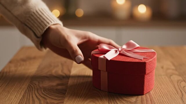 Heart-shaped gift box with pink ribbon presented on a wooden table with soft candle lights in the background