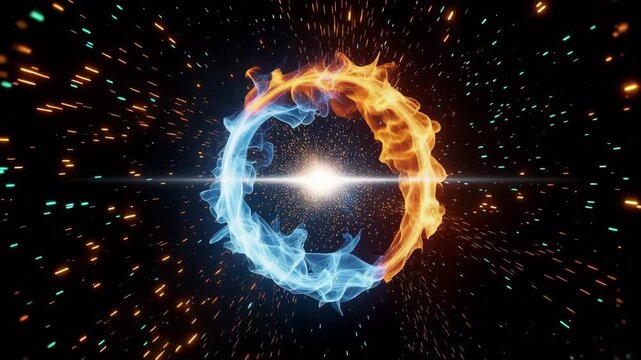 Abstract ice and fire energy circle 3D rendering, collision of blue frost and red flame effects, futuristic starry particles and light burst background, symbol of balance and conflict.