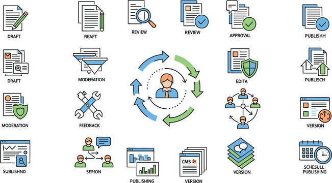 Content creation workflow and publishing process icons set featuring draft, review, approval, feedback, revision, moderation and digital media production vector illustration