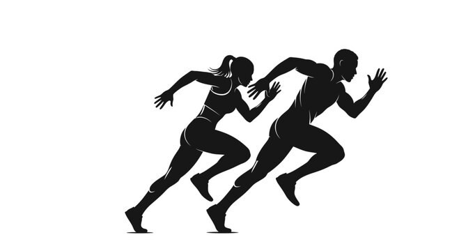 Silhouette Of A Male And Female Sprinter Running In A Dynamic Position, Fitness Concept