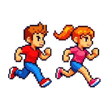 Retro pixel art boy and girl running characters side view classic video game style