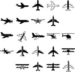 Diverse Aircraft Icons: Planes, Helicopters, and Biplanes © Rajna