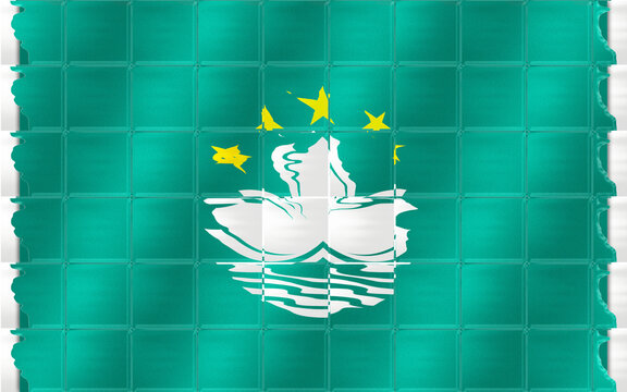 Macau Special Administrative Region Flag with Stylized Lotus Flower and Stars, Displayed on a Textured Glass Tile Background