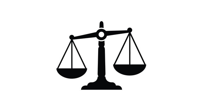 A simple black silhouette depicts a traditional balance scale symbolizing justice and equality high quality professional