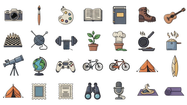 Variety of Hobbies: A vibrant collection of icons representing various hobbies and activities, including painting, reading, hiking, and travel.