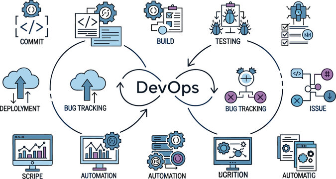 DevOps lifecycle and software development icons set featuring CI CD pipeline, automation, deployment, bug tracking, cloud integration and continuous delivery vector illustration