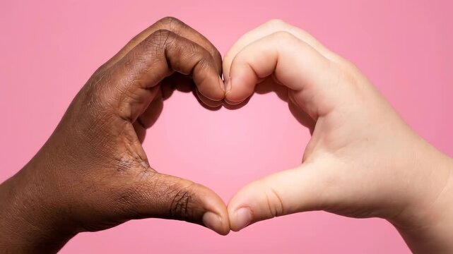 Human hands showing heart gesture. Diversity and racial equality concept. Love and friendship symbol on pink background for valentines day.