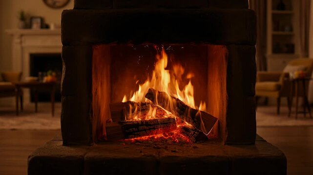 Cozy burning fireplace with glowing orange flames. Warm hearth in a rustic living room, crackling wood fire for winter comfort and home relaxation