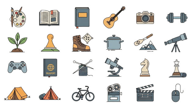 Iconic Hobby Set: A collection of meticulously designed icons representing a diverse range of hobbies, interests, and passions, inviting viewers to explore the realms of creativity, leisure.