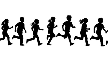 Obraz premium Silhouette Of Children Running Depicting Movement, Activity And Exuberance On White Background