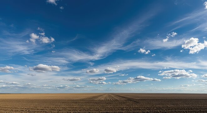 Expansive high-resolution deep blue sky filled with scattered wispy clouds stretching across the immense horizon. Minimal ground element, nature, space, wide