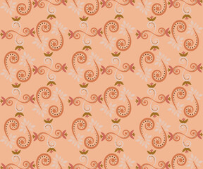 Fototapeta premium A charming and elegant seamless pattern featuring organic swirling ornaments and delicate floral elements on a soft peach background. This vector illustration is perfect for stationery baby products 