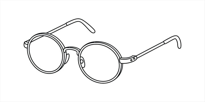 Simple line drawing of a pair of round glasses with thin frames and temple tips. Vector, illustration