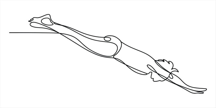 Continuous line drawing of a person swimming in a streamlined position on a white background. Vector, illustration