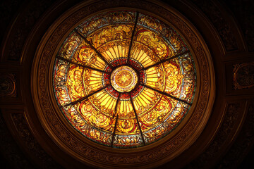 Obraz premium golden stained glass circular halo saint in a traditional Christian stained glass