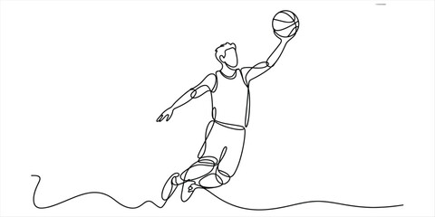 Continuous line drawing of a professional basketball player jumping high for a slam dunk. Vector, illustration © Ranjona Vector Art