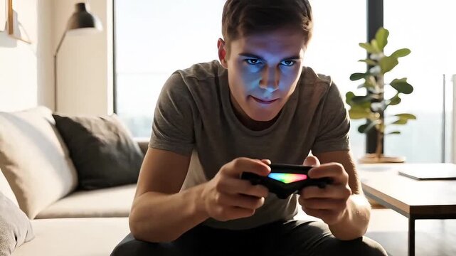 Young man playing video games at home with a controller in his hands