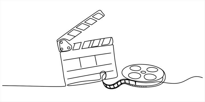 Minimalist one line art illustration of cinema equipment including a clapperboard and film reel. Vector, illustration