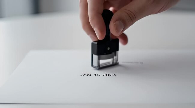 Date stamp marking JAN 15 2024 on white paper, hand pressing rubber stamper on document, office administrative work for deadline and filing