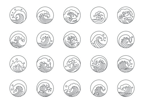 Japanese sea wave circle badges. Ocean waves tattoo graphic, logo or emblem. Fresh water splashes marine decoration, hand drawn wavy pattern. Vintage nautical oriental stickers. Vector isolated set