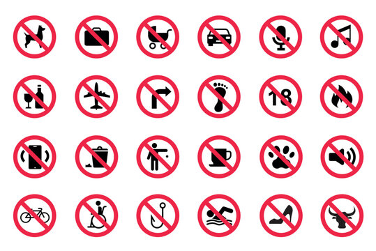 Prohibition icons, red slash signs, forbidden pets luggage alcohol fire noise swimming bicycle. Safety rules pictograms, public place signage, hotel airport restaurant. Isolated vector set