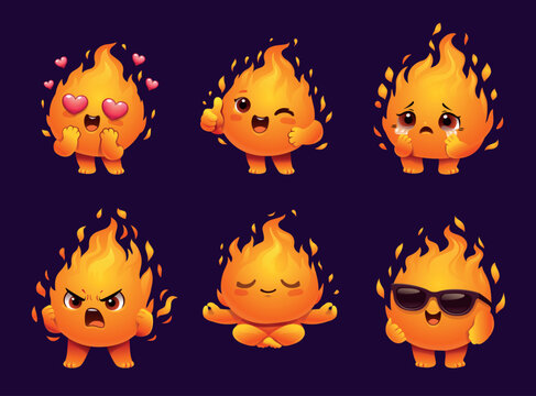 Fire mascot. Cute cartoon flame character with funny face, cheerful blaze kawaii emoji, thumbs up, love and happy, meditation expression. Power, burning and energy, heat vector isolated emoticon