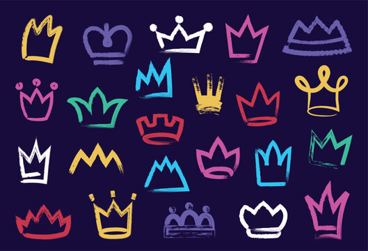 Crown doodle color paint. Freehand graffiti tiara, abstract grunge ink princess, queen and king, prince distressed stroke classic crowns royalty symbol. Premium award prize emblem. Vector isolated set