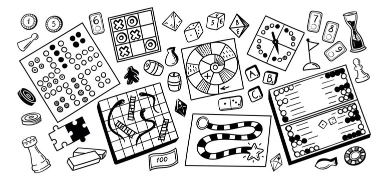 Board game doodle vector set with tabletop strategy and family leisure games, dice, chips, pawn, domino, puzzle, tic tac toe, snake and ladder, spinner, hourglass and backgammon outline