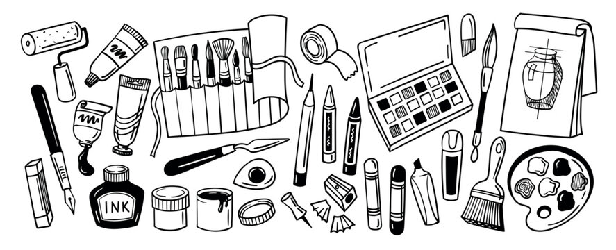 Art tools doodle supplies for painting drawing and sketching, artist studio brushes palette pencil crayon marker pen fountain ink bottle tube roller knife sharpener, black and white vector outline
