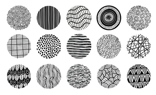 Pattern texture circle doodle patterns with circular geometric ornamental motifs, hand drawn abstract round elements, stripes, lines, dots, waves and mosaic in black monochrome vector