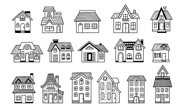 House home doodle buildings and cottages, cute residential architecture with facade, windows, doors, roofs, chimneys and balconies, hand drawn black and white vector set of homes and villas