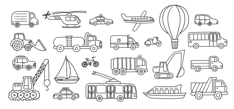 Transport doodle vector set with car, truck, van, bus, taxi, police, ambulance, helicopter, airplane, balloon, bicycle, scooter, boat and construction vehicles outline icons