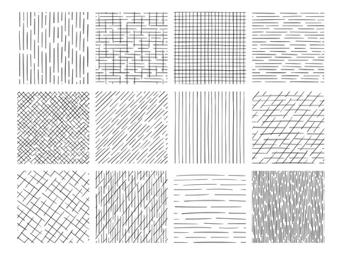 Hatching seamless patterns with lines, stripes, grids and crosshatch textures, black and white hand drawn linear backgrounds, abstract geometric tile vector collection